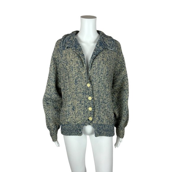 Vintage Blue Cardigan Batwing Large Collar Oversized Handmade Knit Sweater